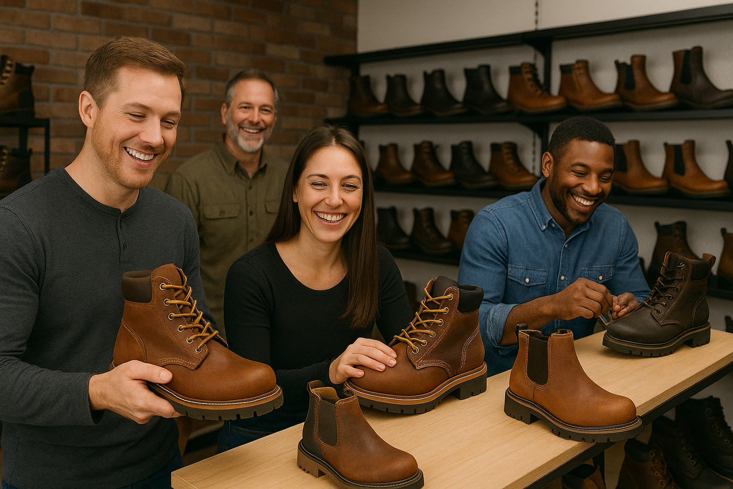 Four people examining brown boots in a shoe store.