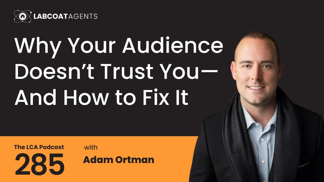Smiling man poses for a podcast promotional graphic about why audiences distrust communicators and practical ways to rebuild that trust.