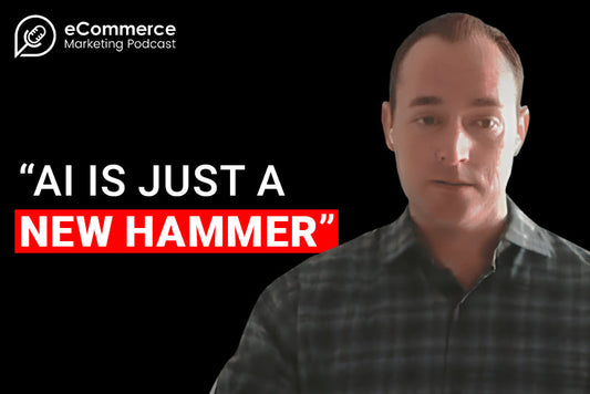 Man presenting in a podcast thumbnail, asserting that AI is merely a new tool, set against a black background.