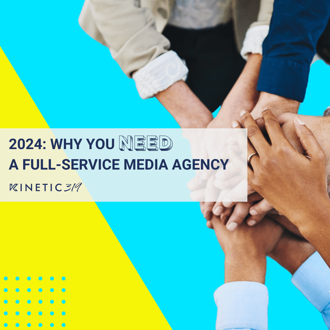 Group of hands stacking, signaling teamwork, set against a promotional background encouraging hiring a full-service media agency in 2024.