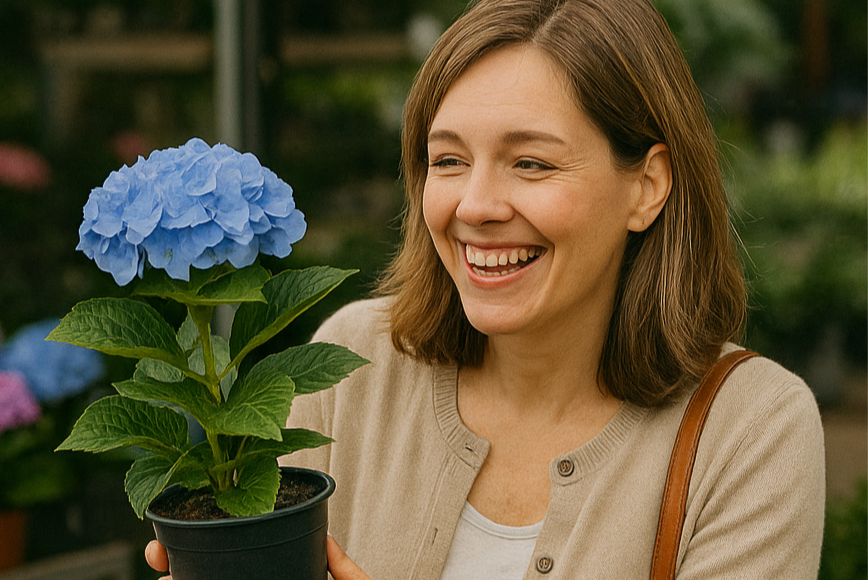 Woman holding a potted blue hydrangea plant in a garden center.